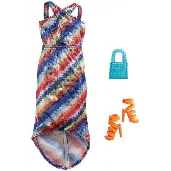 Mattel Barbie Fashion Pack With Shimmery Striped Maxi Dress, Blue Purse And Orange Shoes